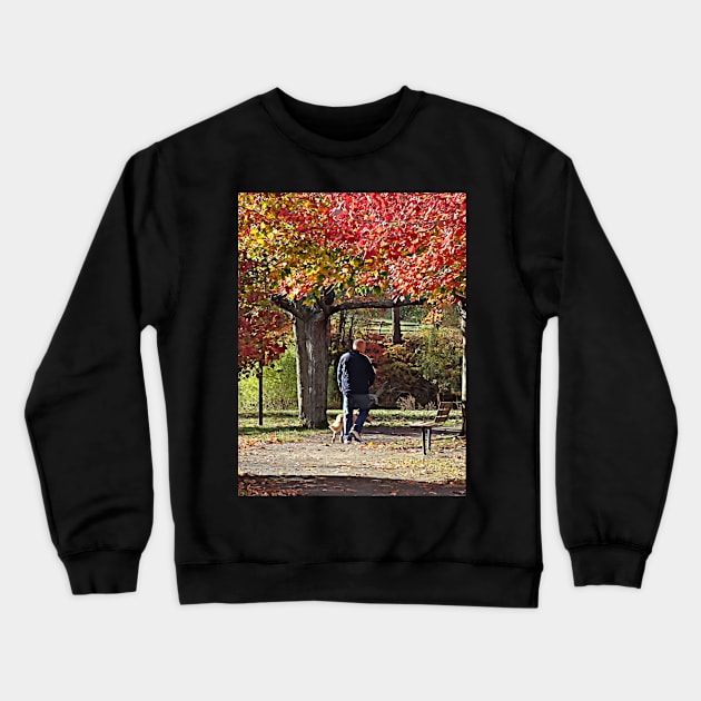 Man Walking Dog in Autumn Park Crewneck Sweatshirt by SusanSavad